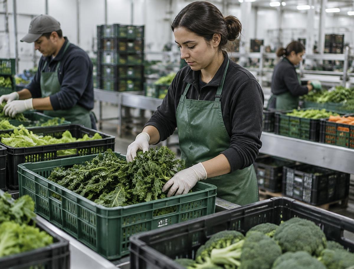 Workers grading and packing produce at a distribution facility
