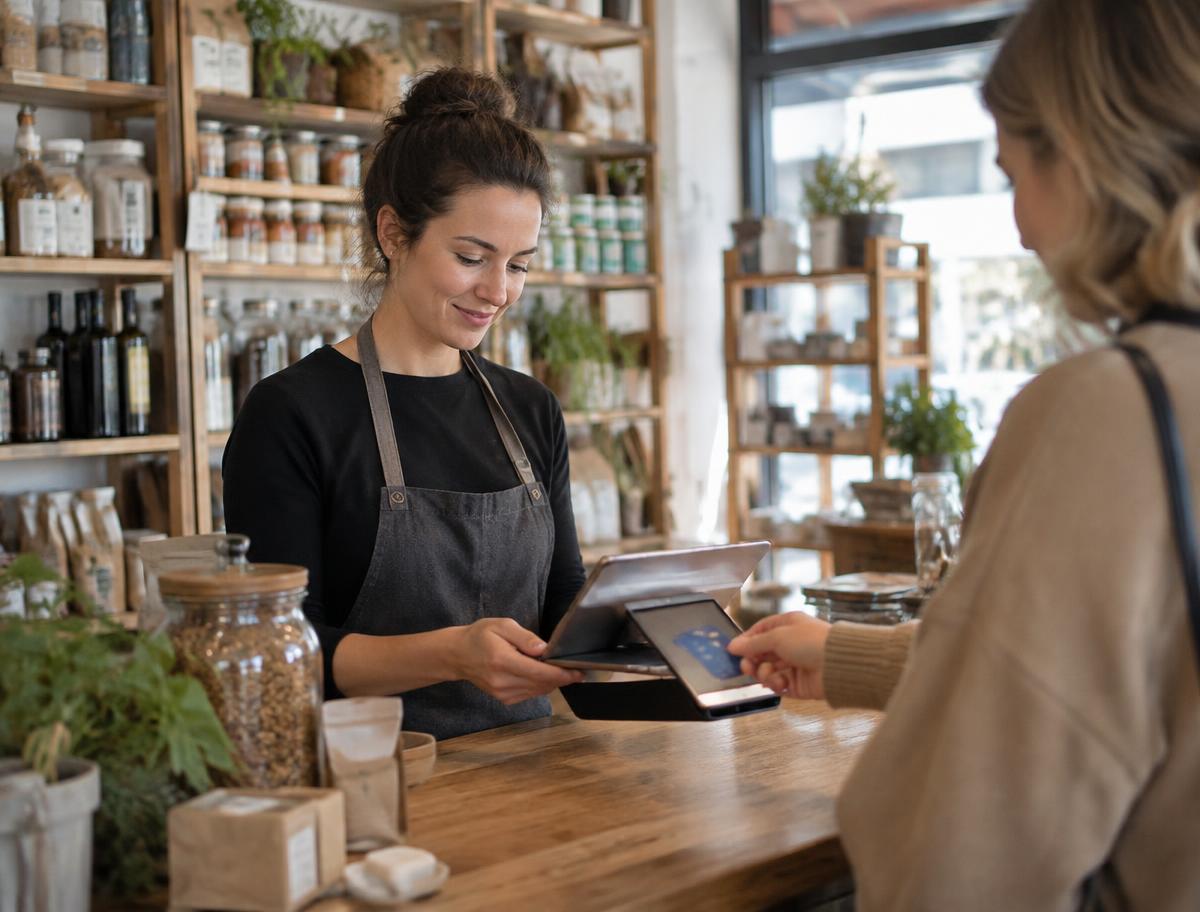 An independent shop owner taking a payment from a customer