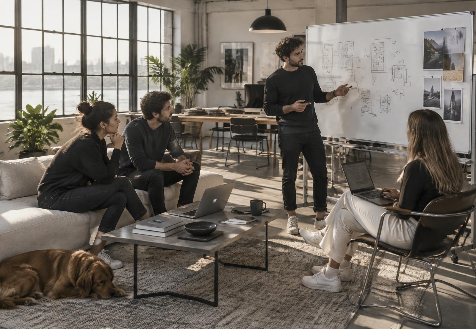 A founding team working through a new business model in a studio workspace